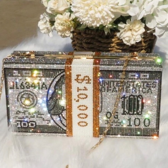 Handbags - 10K Bling Money Purse Crystal Stack of Cash Money Clutch Detachable Strap